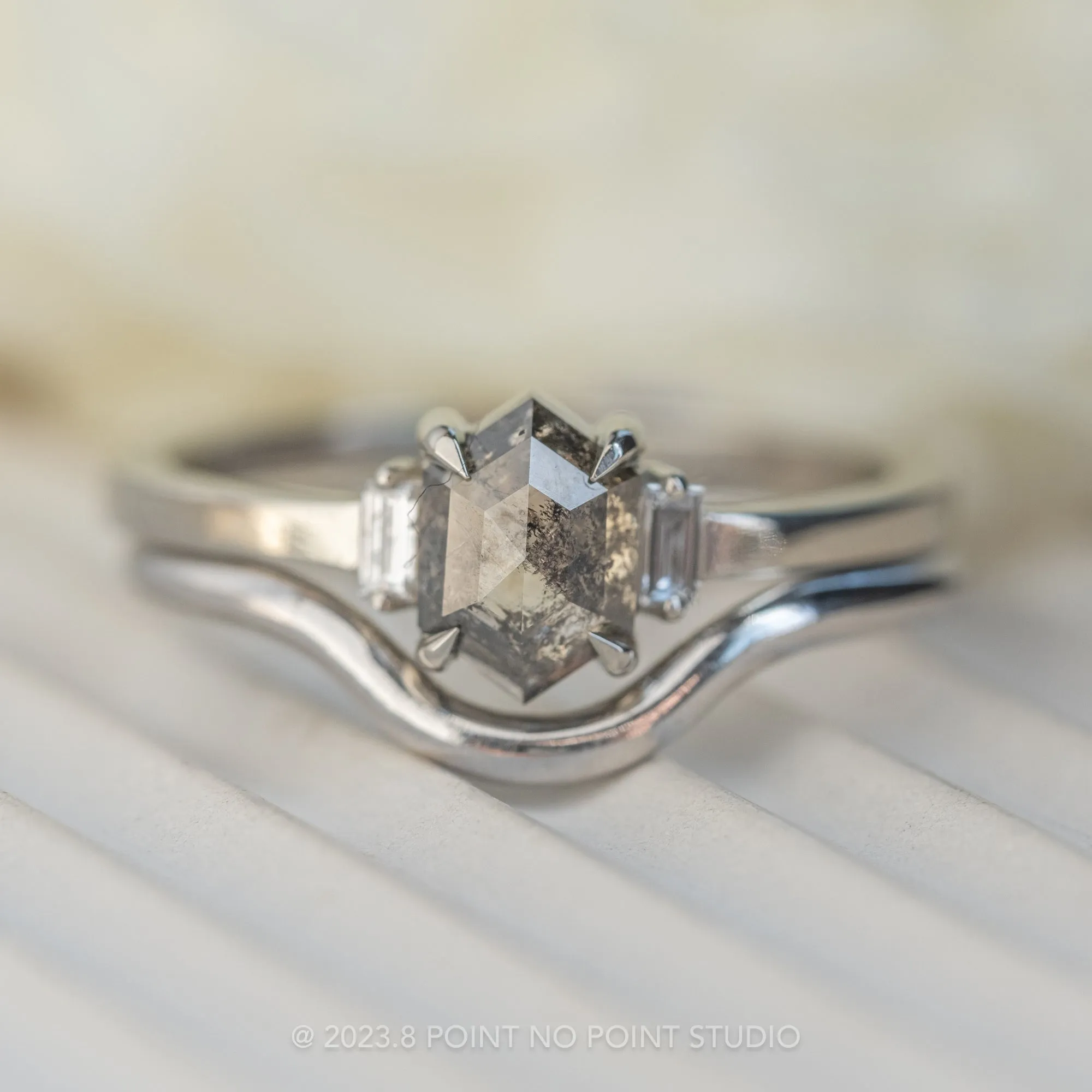 1.08 Carat Salt and Pepper Hexagon Diamond Engagement Ring, Zoe Setting, 14K White Gold