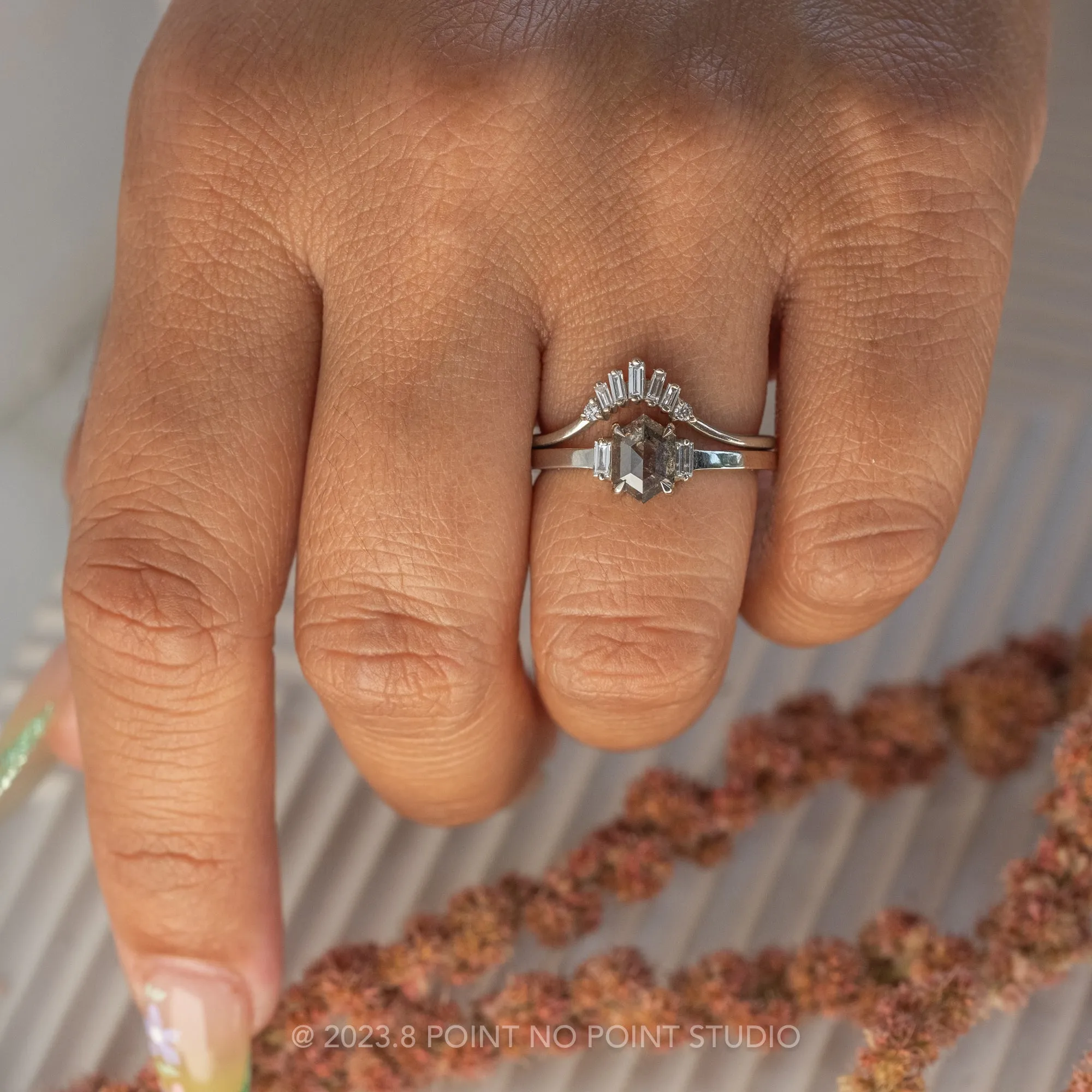1.08 Carat Salt and Pepper Hexagon Diamond Engagement Ring, Zoe Setting, 14K White Gold