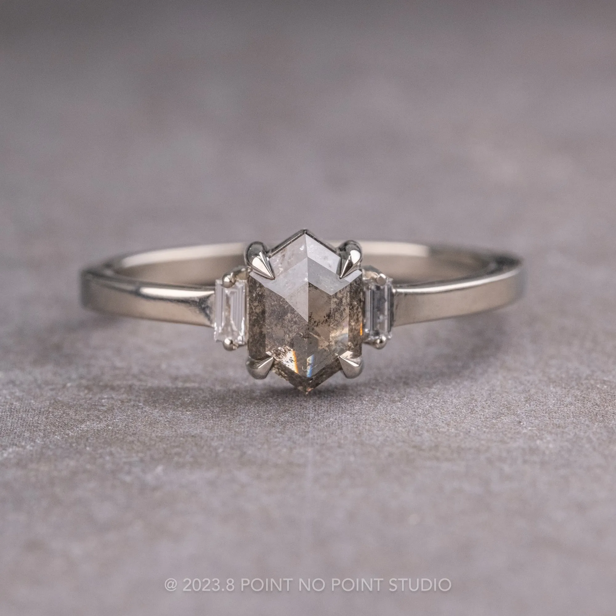 1.08 Carat Salt and Pepper Hexagon Diamond Engagement Ring, Zoe Setting, 14K White Gold