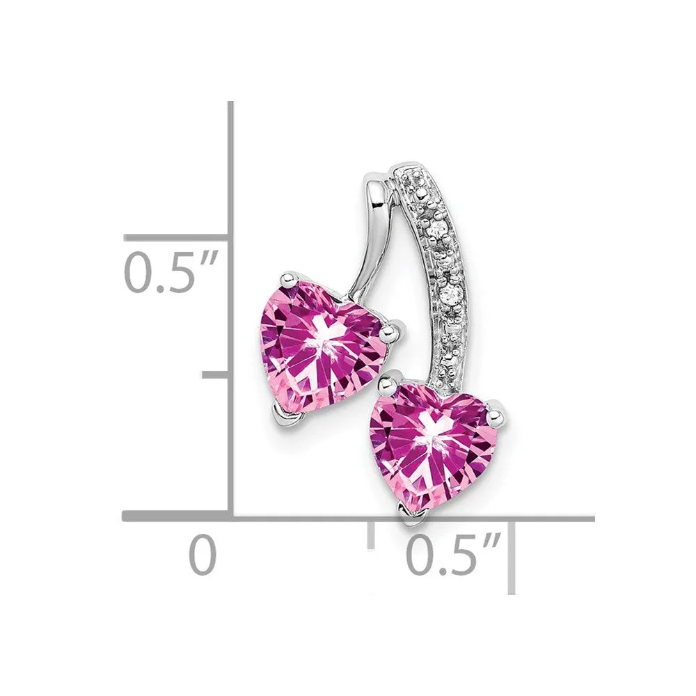 14k White Gold Created Pink Sapphire and Diamond 2-Heart Pendant