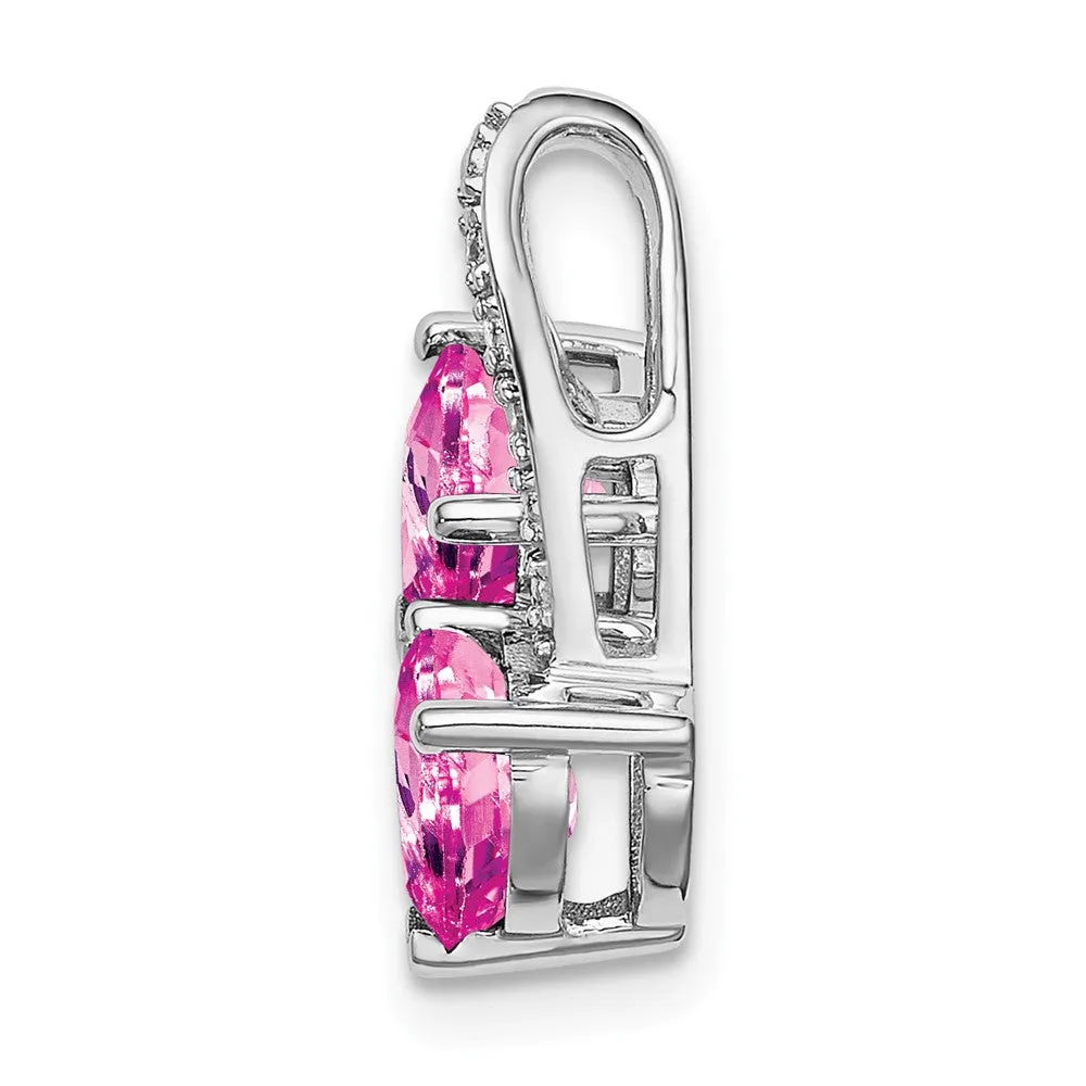 14k White Gold Created Pink Sapphire and Diamond 2-Heart Pendant