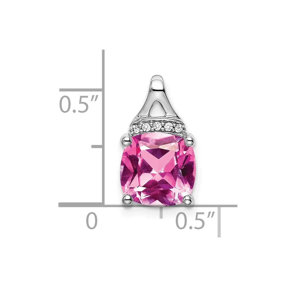 14k White Gold Cushion Created Pink Sapphire/Diamond Pendant