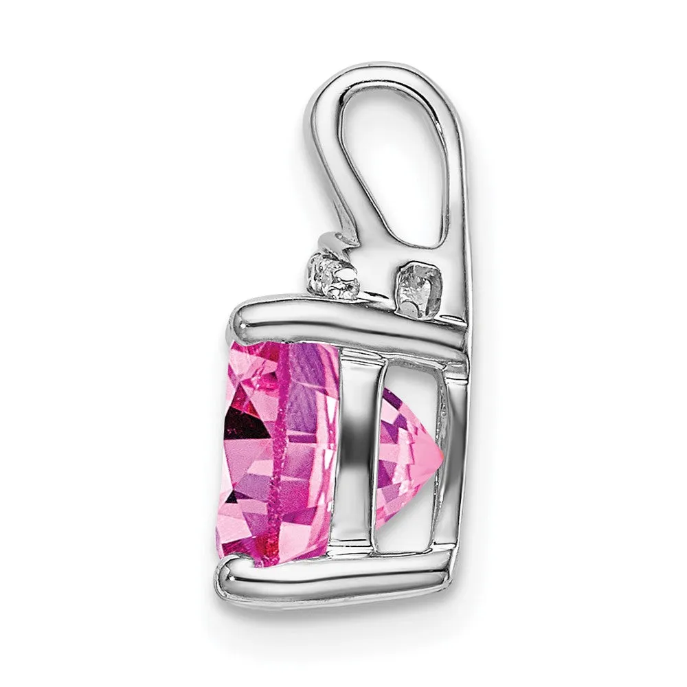 14k White Gold Cushion Created Pink Sapphire/Diamond Pendant