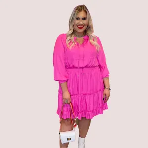 ALISON CURVY LIGHTWEIGHT LONG SLEEVE TIERED FUCHSIA MINI DRESS