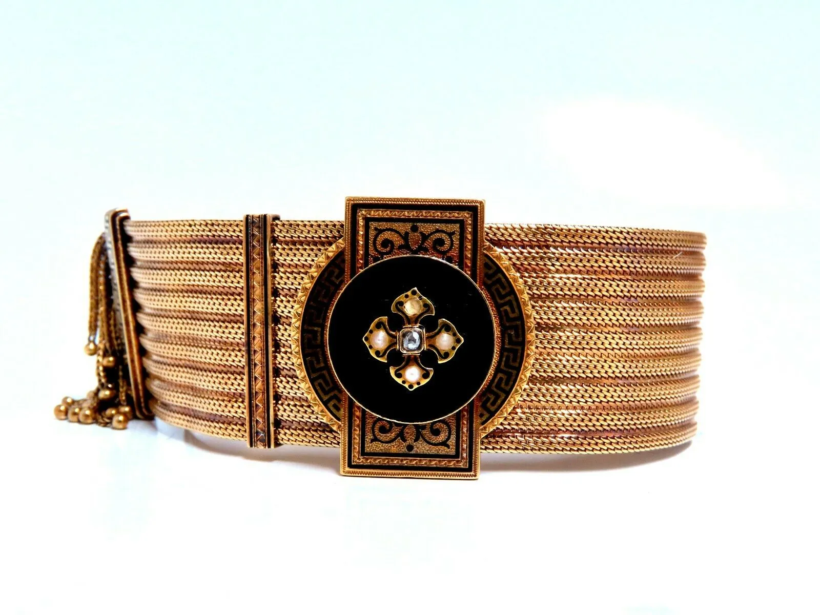 Antique European Slide Cuff Emblem Iconic Bracelet 14kt &Tassel Slide Adjustable