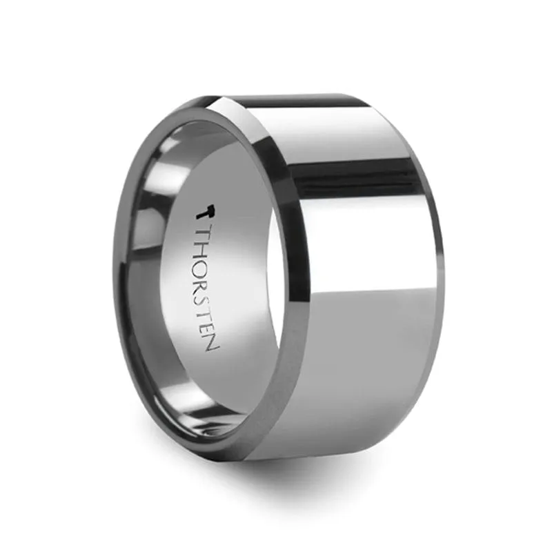 ARISH Men's Extra Wide Tungsten Carbide Wedding Band Beveled Edges - 12mm