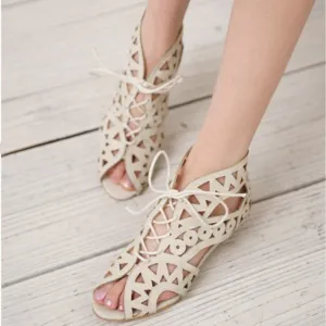 Big Size 31-43 Fashion Cut Outs Lace Up Women Sandals Open Toe Low Shoes Beach shoes women AA516