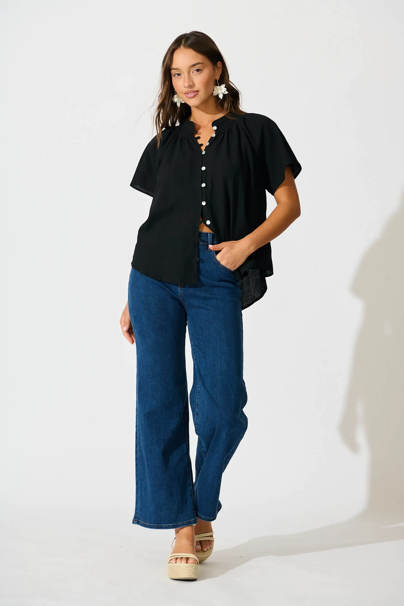 Black Cotton Linen Lombard Blouse