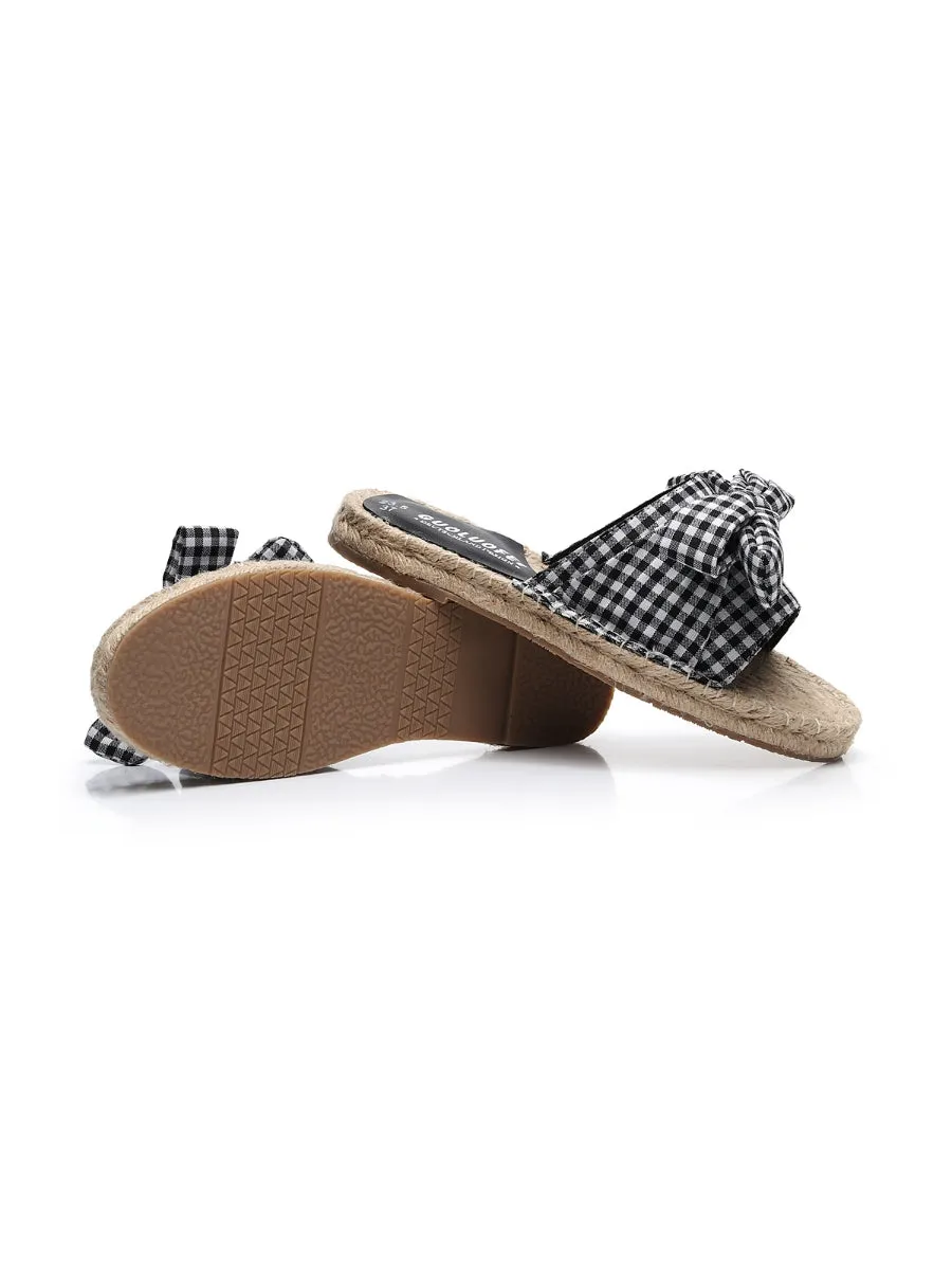 Black Gingham Bow Straw Mat Slippers Slides Sandals