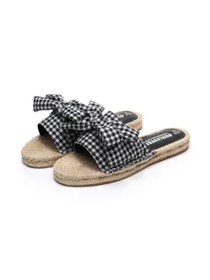Black Gingham Bow Straw Mat Slippers Slides Sandals