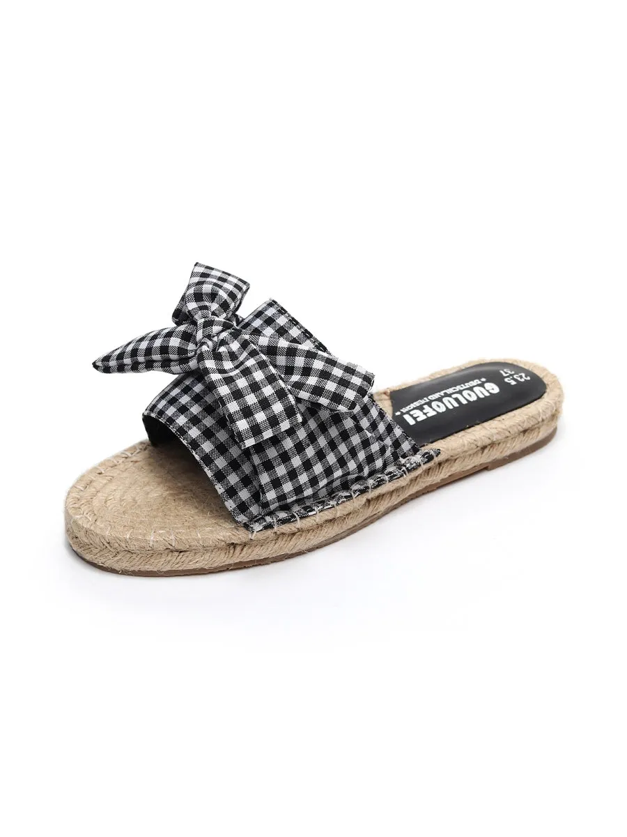 Black Gingham Bow Straw Mat Slippers Slides Sandals