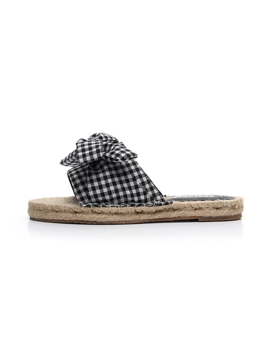 Black Gingham Bow Straw Mat Slippers Slides Sandals