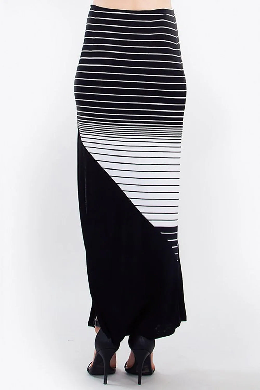 Black White Striped Colorblock Basic Knit Maxi Skirt with Slit