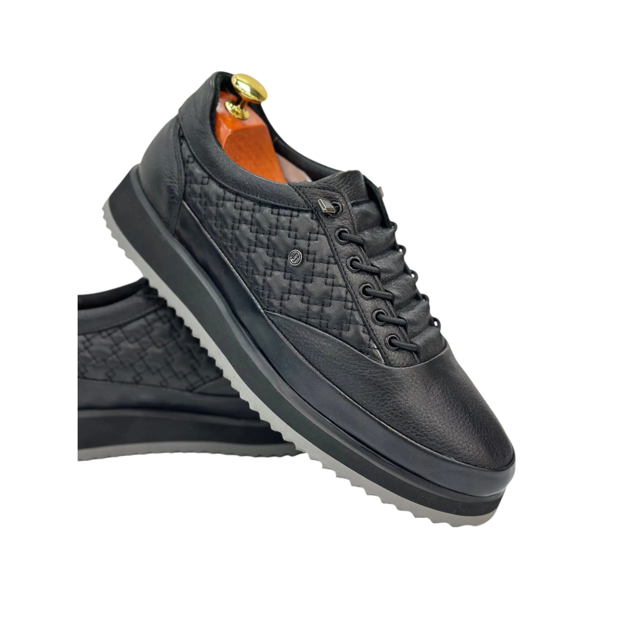 Black with Gray Foam Bottom- Sneakers_Shiny Finish-Black Lace-Luxury Interior and Exterior Leather- 305 451