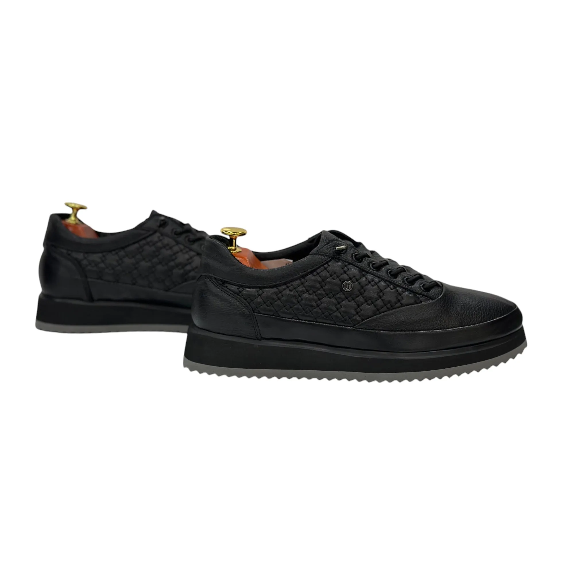 Black with Gray Foam Bottom- Sneakers_Shiny Finish-Black Lace-Luxury Interior and Exterior Leather- 305 451