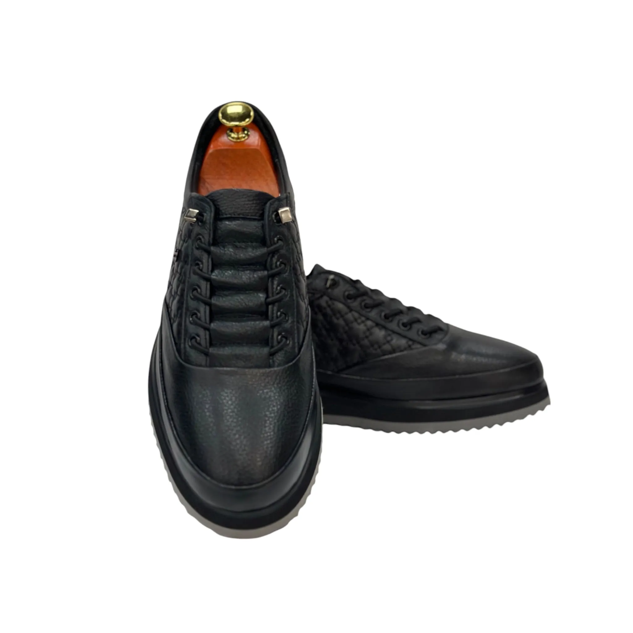 Black with Gray Foam Bottom- Sneakers_Shiny Finish-Black Lace-Luxury Interior and Exterior Leather- 305 451