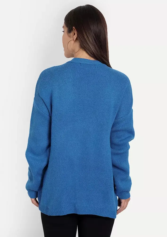 Blue V-Neck Front Slit Button Detail Cardigan