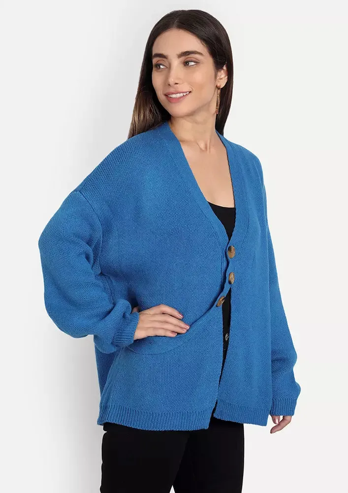 Blue V-Neck Front Slit Button Detail Cardigan