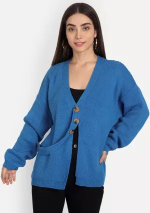Blue V-Neck Front Slit Button Detail Cardigan