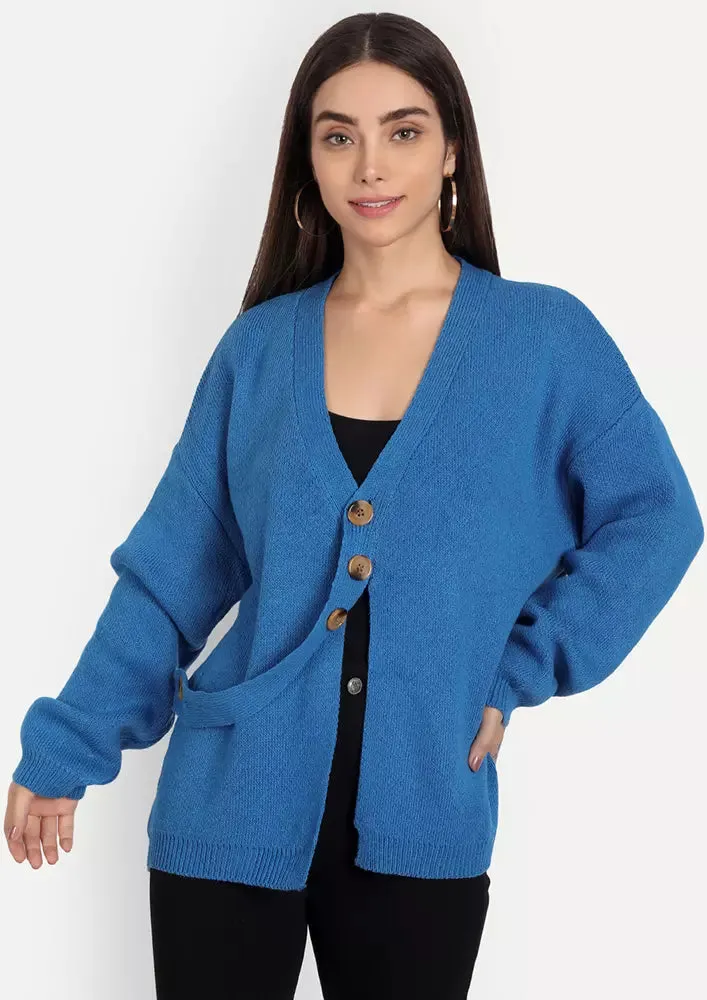 Blue V-Neck Front Slit Button Detail Cardigan