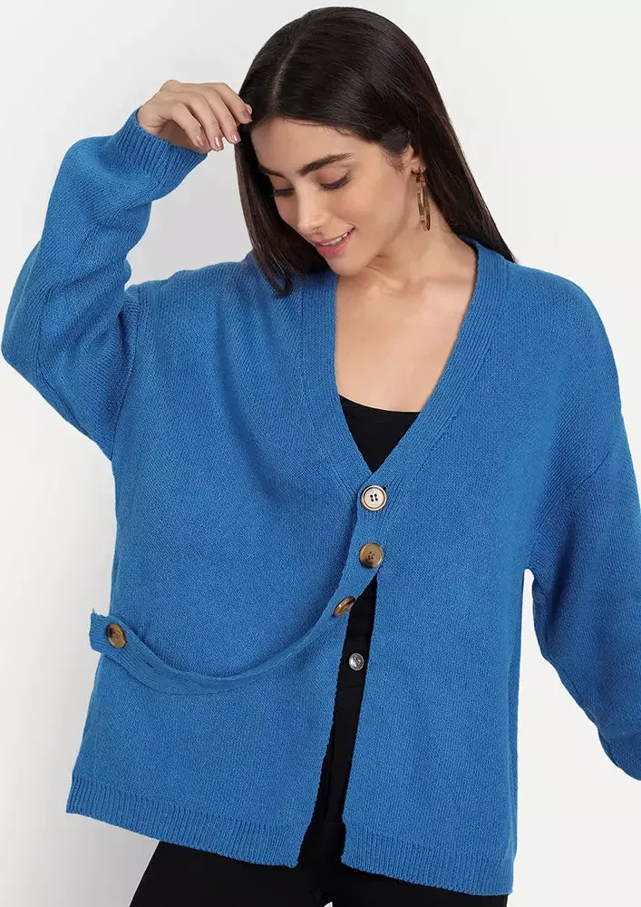 Blue V-Neck Front Slit Button Detail Cardigan