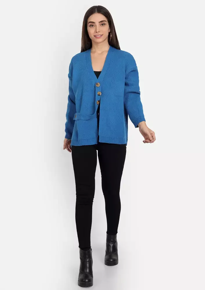 Blue V-Neck Front Slit Button Detail Cardigan