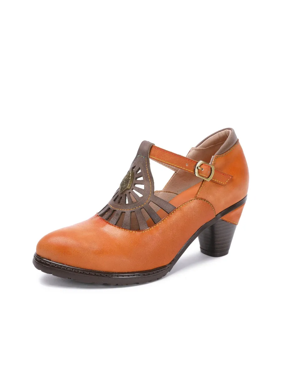Brown Genuine Leather Cut Out Vintage Mary Jane Heeled Pumps