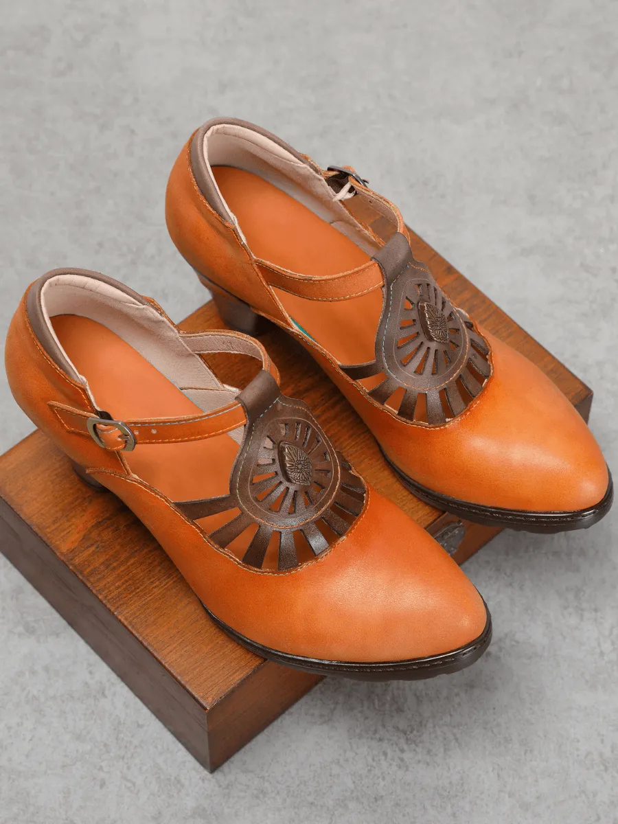 Brown Genuine Leather Cut Out Vintage Mary Jane Heeled Pumps