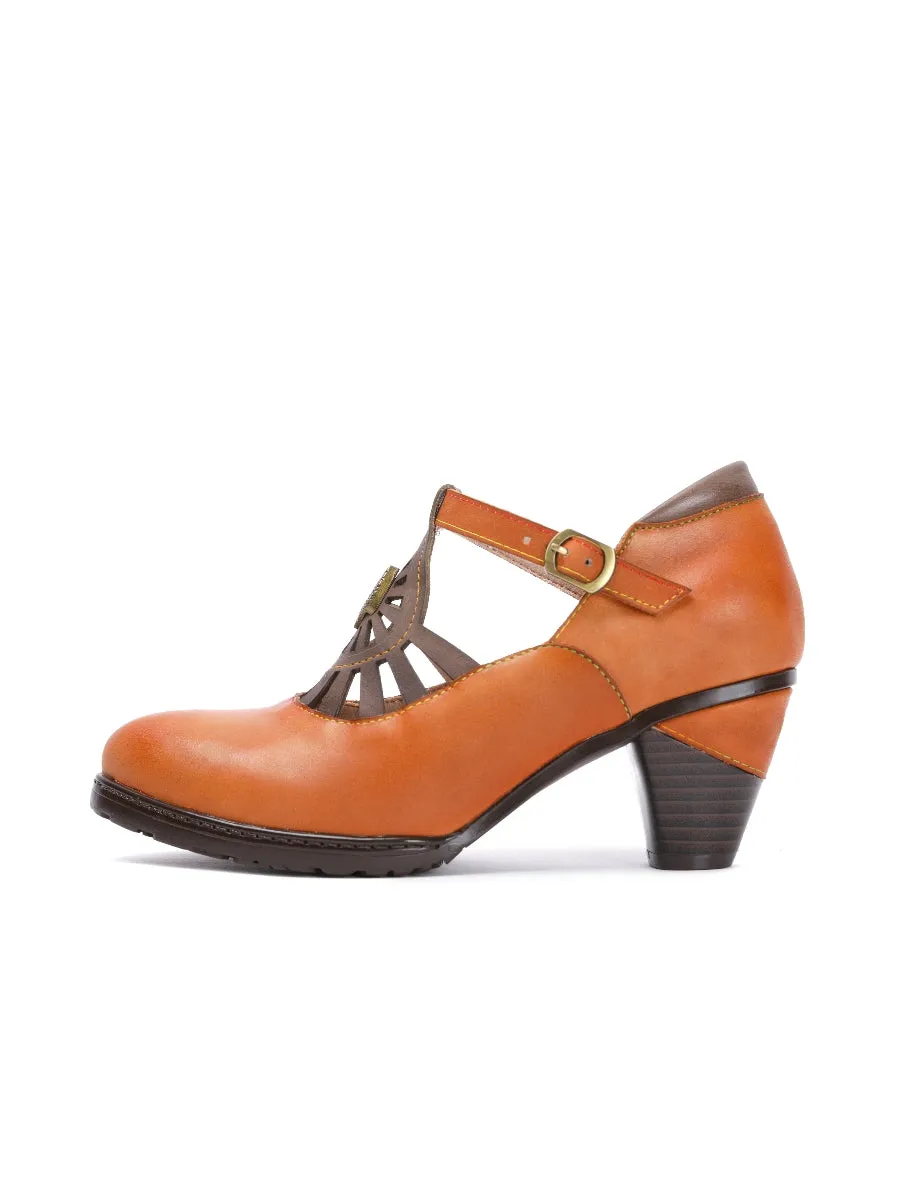 Brown Genuine Leather Cut Out Vintage Mary Jane Heeled Pumps