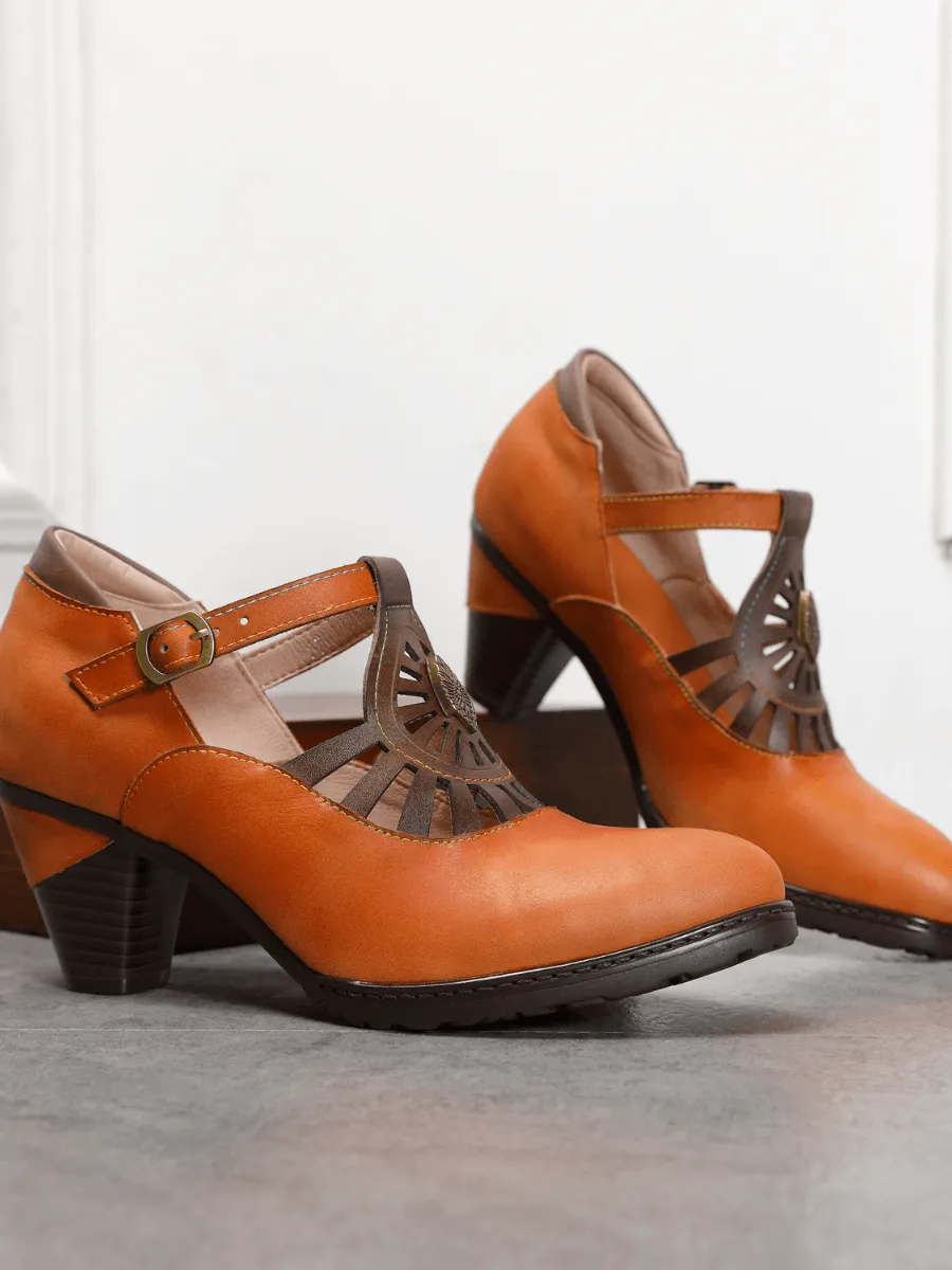 Brown Genuine Leather Cut Out Vintage Mary Jane Heeled Pumps