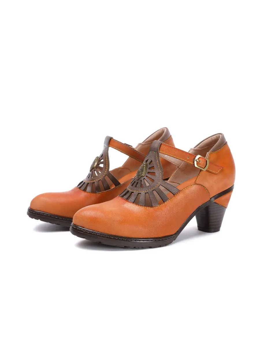 Brown Genuine Leather Cut Out Vintage Mary Jane Heeled Pumps