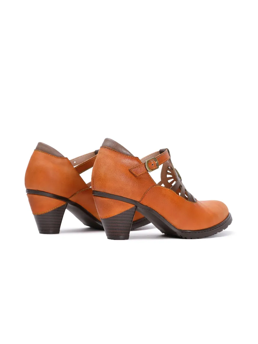 Brown Genuine Leather Cut Out Vintage Mary Jane Heeled Pumps