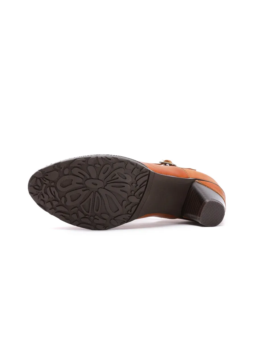 Brown Genuine Leather Cut Out Vintage Mary Jane Heeled Pumps