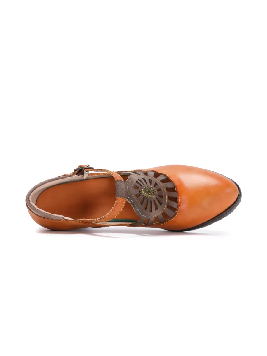 Brown Genuine Leather Cut Out Vintage Mary Jane Heeled Pumps