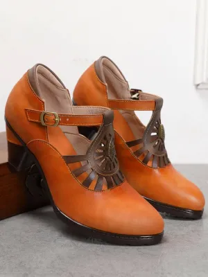 Brown Genuine Leather Cut Out Vintage Mary Jane Heeled Pumps