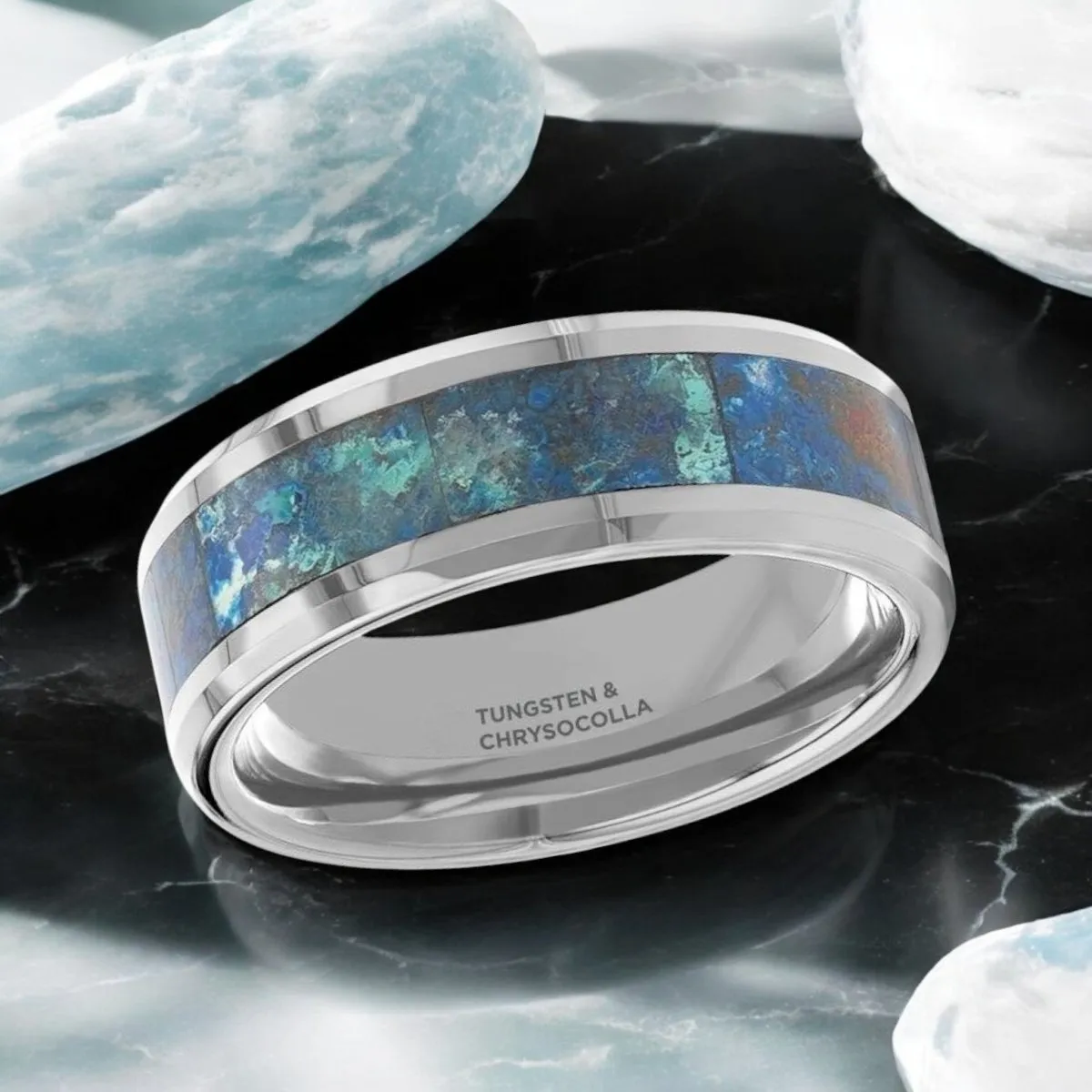 CALYPSO | Silver Tungsten Ring, Chrysocolla Inlay, Beveled