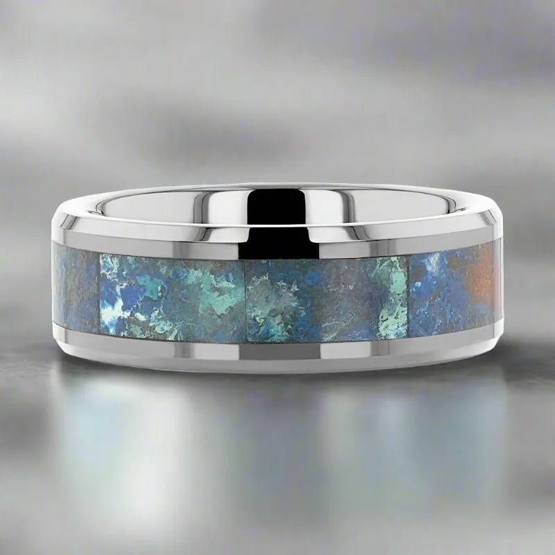 CALYPSO | Silver Tungsten Ring, Chrysocolla Inlay, Beveled