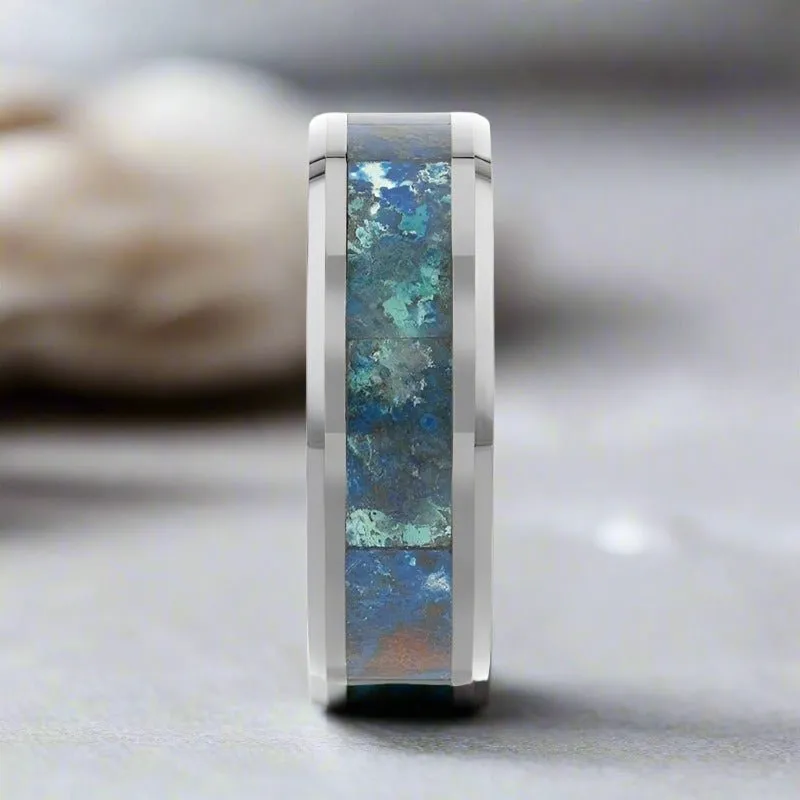 CALYPSO | Silver Tungsten Ring, Chrysocolla Inlay, Beveled