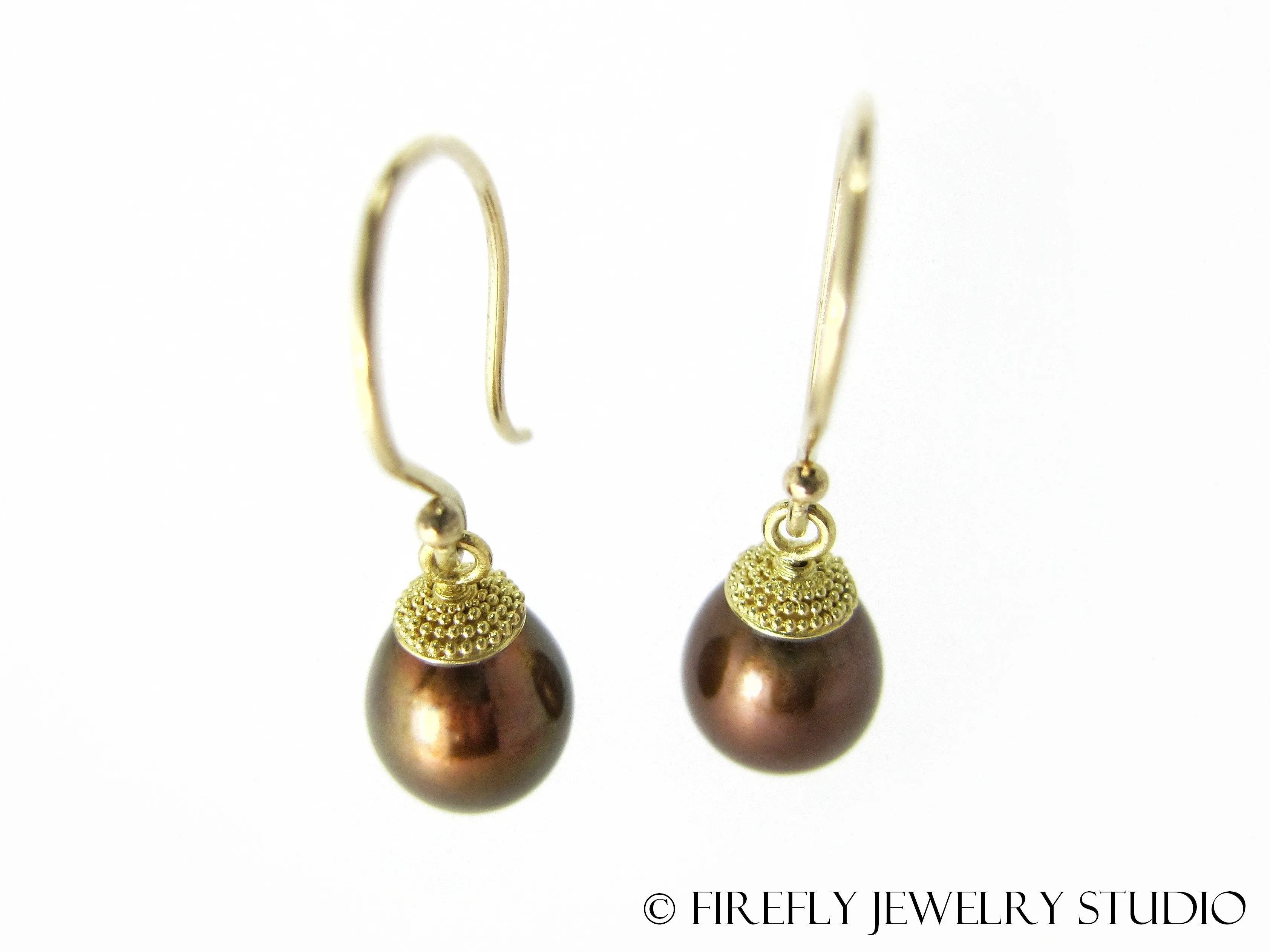 Chocolate Pearl Acorn Earrings in Granulated 18k Yellow Gold