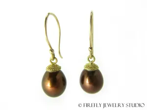 Chocolate Pearl Acorn Earrings in Granulated 18k Yellow Gold