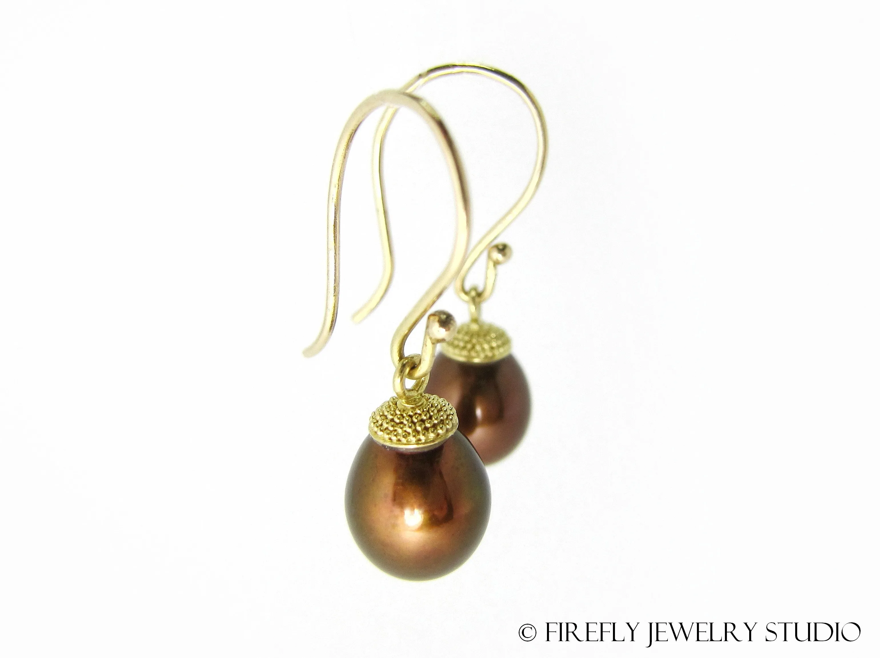 Chocolate Pearl Acorn Earrings in Granulated 18k Yellow Gold