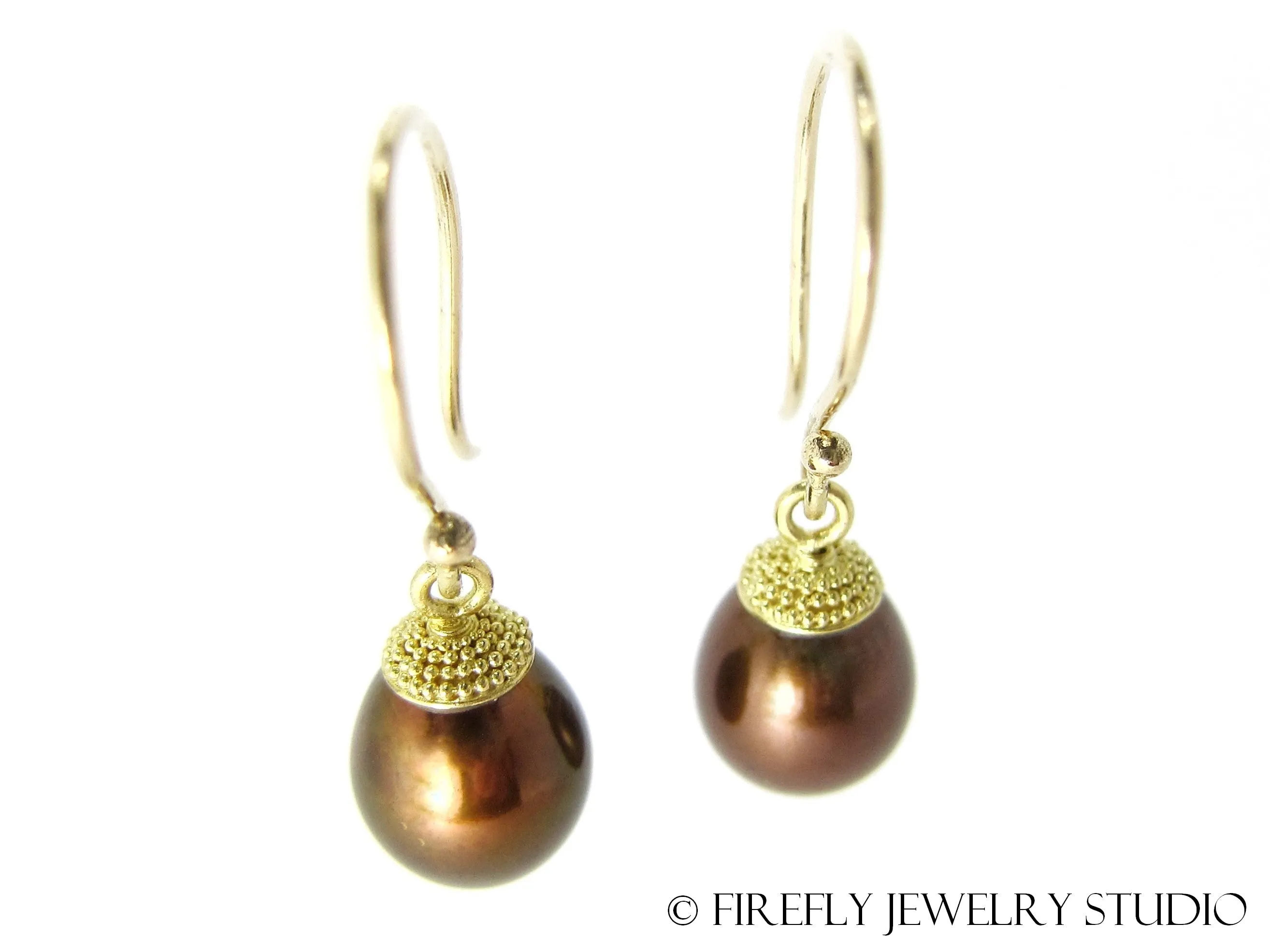 Chocolate Pearl Acorn Earrings in Granulated 18k Yellow Gold