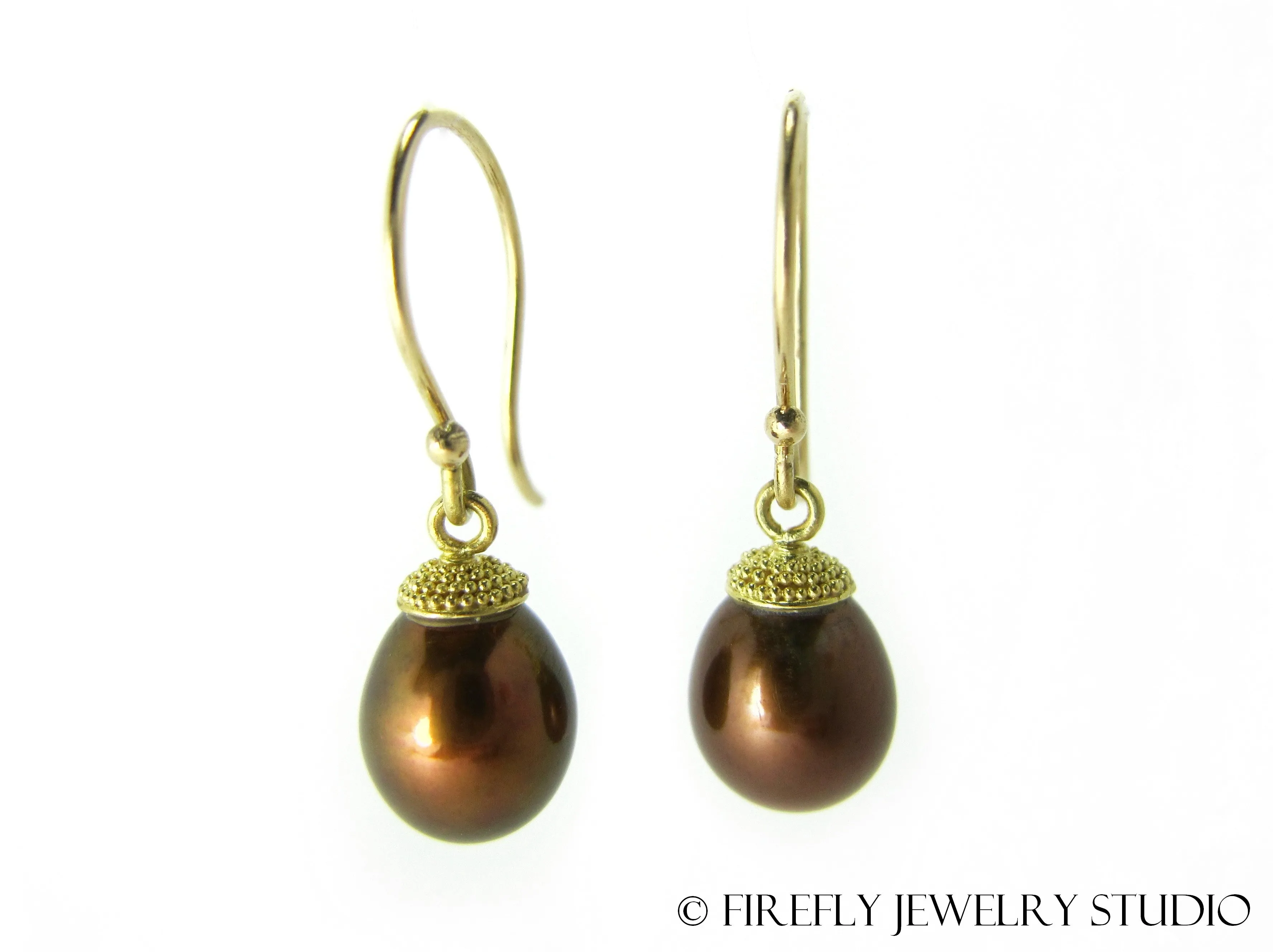 Chocolate Pearl Acorn Earrings in Granulated 18k Yellow Gold