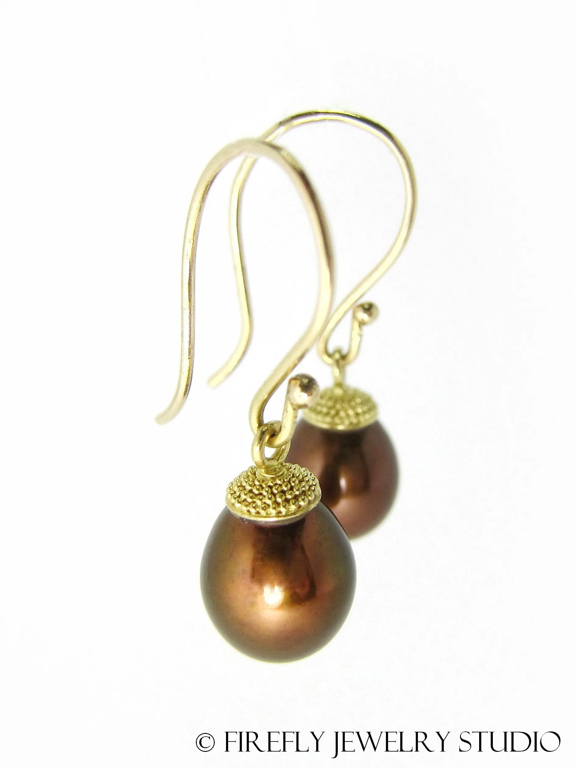 Chocolate Pearl Acorn Earrings in Granulated 18k Yellow Gold
