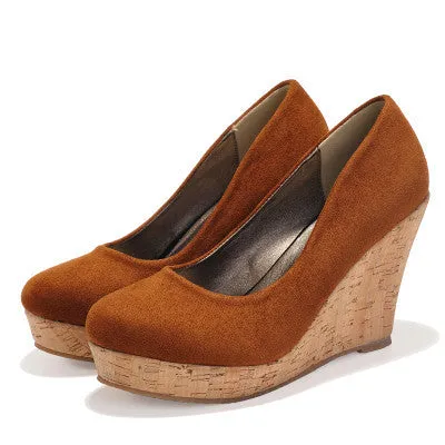 Classics Genuine Leather Suede Wedges High Heels Platform Round Toe Pumps Women's Shoes