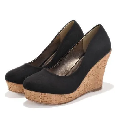 Classics Genuine Leather Suede Wedges High Heels Platform Round Toe Pumps Women's Shoes