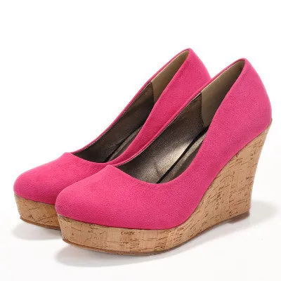 Classics Genuine Leather Suede Wedges High Heels Platform Round Toe Pumps Women's Shoes