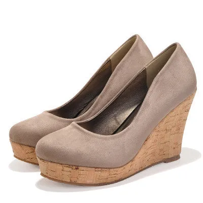 Classics Genuine Leather Suede Wedges High Heels Platform Round Toe Pumps Women's Shoes