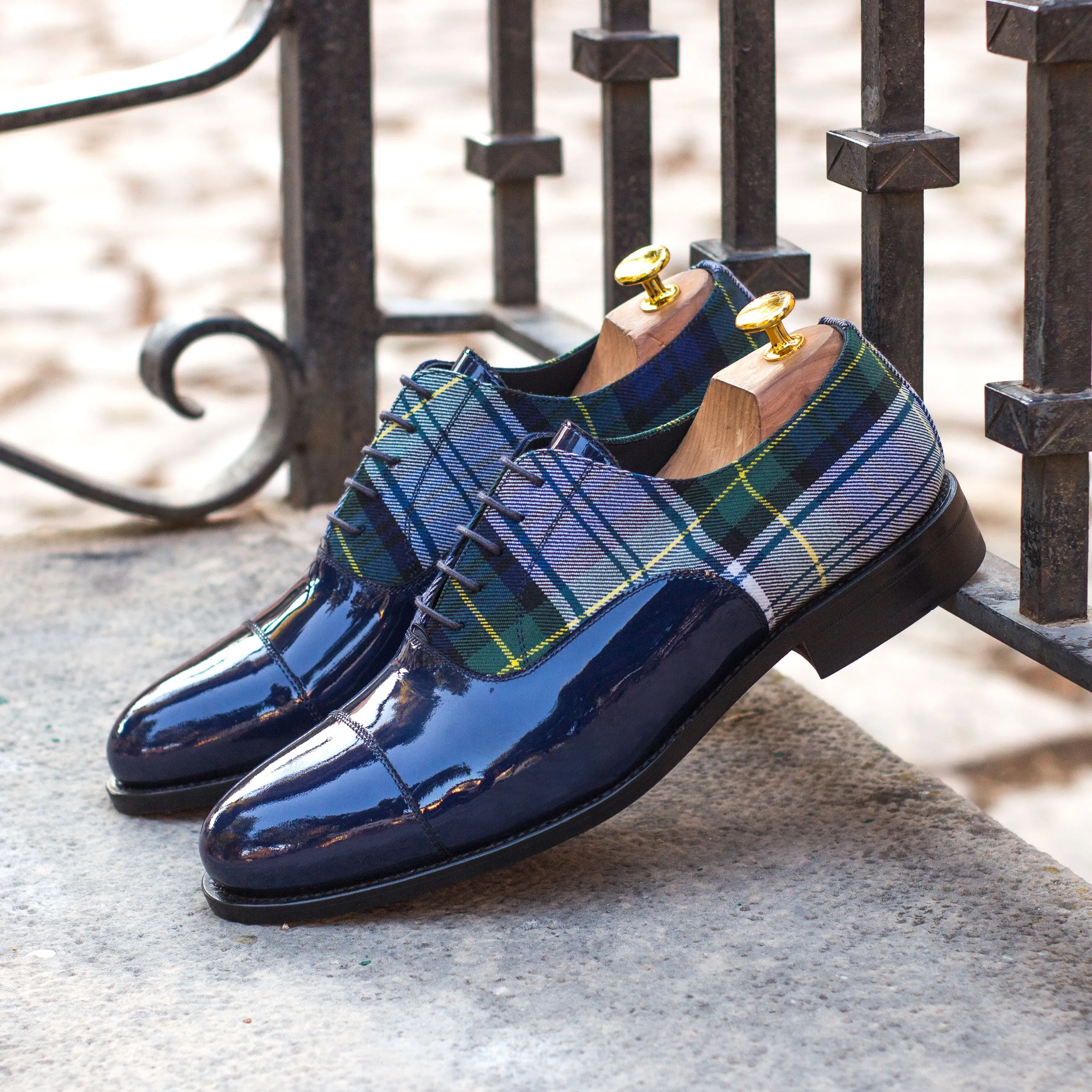 DapperFam Rafael in Tartan / Cobalt Blue Men's Sartorial & Italian Patent Leather Oxford