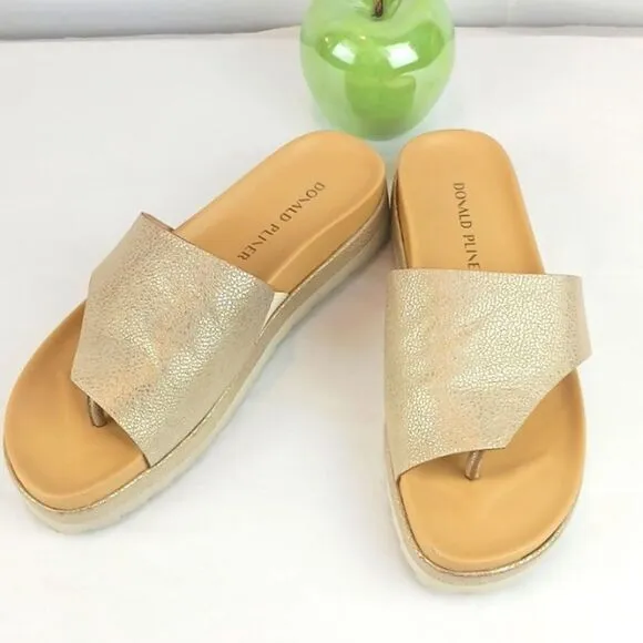 Donald Pliner Lylaa tan &amp; taupe embossed metallic gold leather platform slides